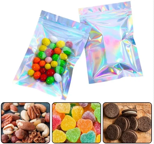 Customized Zipper Ntim Hnab Recyclable Laser Colorful Candy Reflective Zoo Nkauj Self Sealing Custom Stand Up Pouches